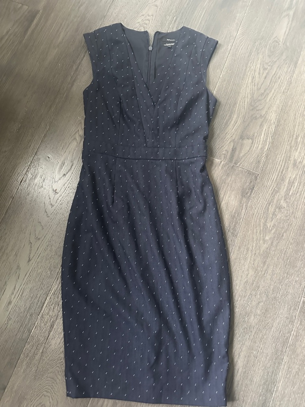 RW&Co business dress. Knee length. Navy blue with tiny white and baby blue dots.